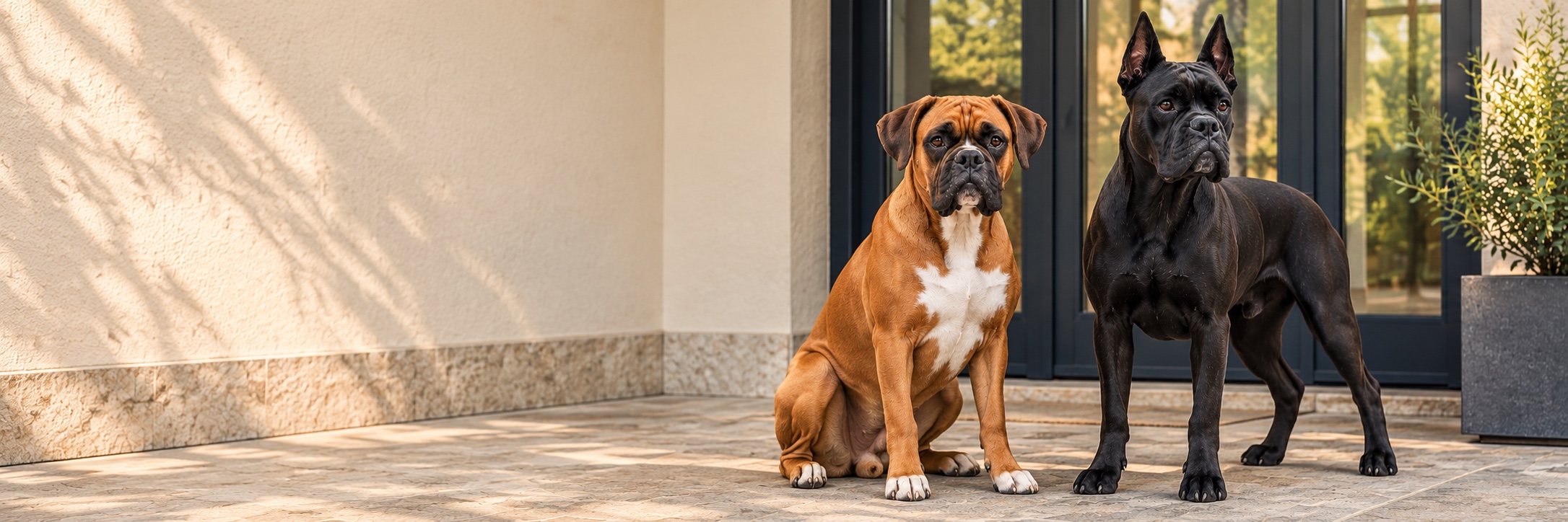 Dos perros bóxer frente a la entrada de una casa