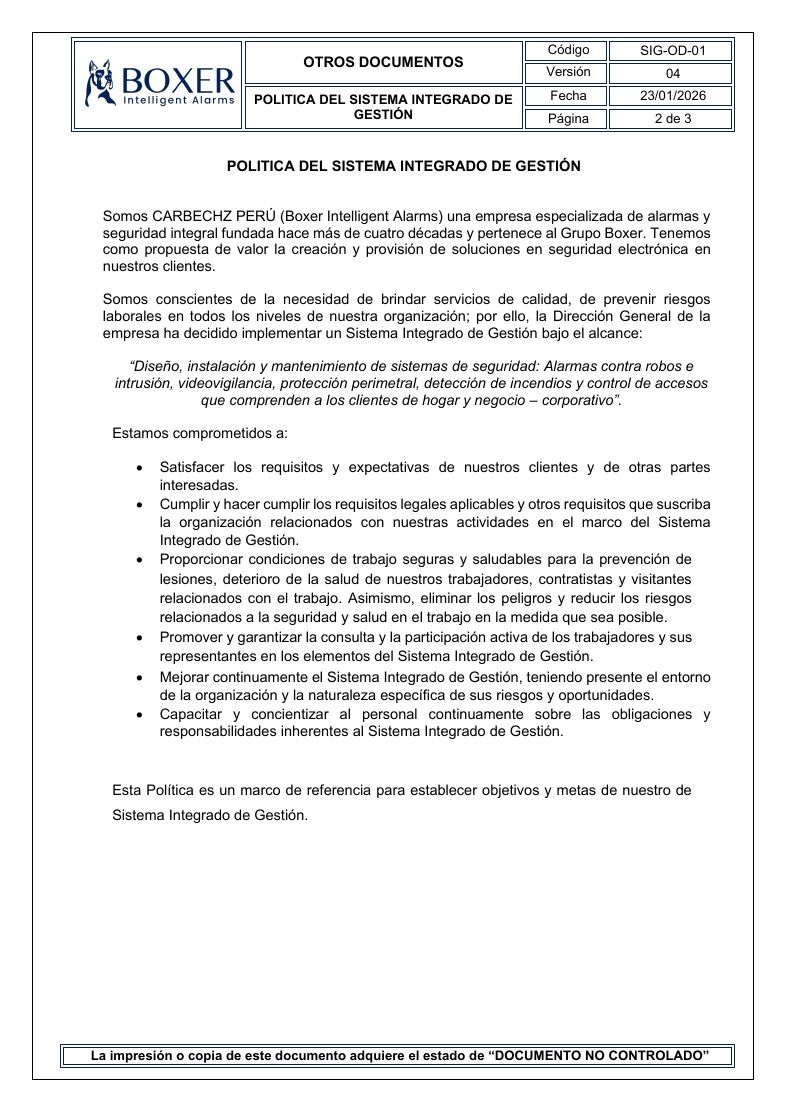 Vista previa de la política del SIG de Carbechz Perú, SIG-OD-01 versión 04